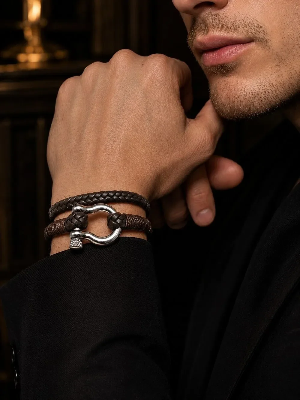 Braided Brown Leather Rope Bracelet with Silver Shackle